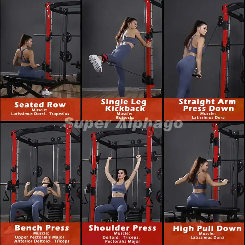 Female Model Image for Smith Machine SP024 Seated Row Single Leg Kickback Straight Arm Press Down Bench Press Shoulder Press High Pull Down