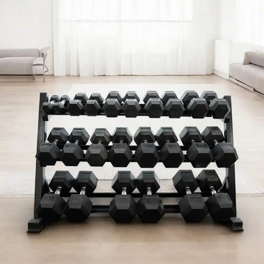 ChatGPT said:  Dumbbell rack filled with black hex dumbbells in a bright home gym.
