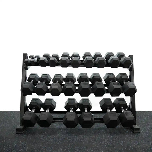 Three-tier dumbbell rack holding a complete set of black hex dumbbells for home or commercial gym use.