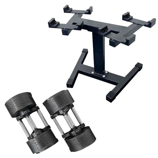 Adjustable dumbbells vs traditional dumbbells displayed with a metal stand, highlighting options for home strength training.