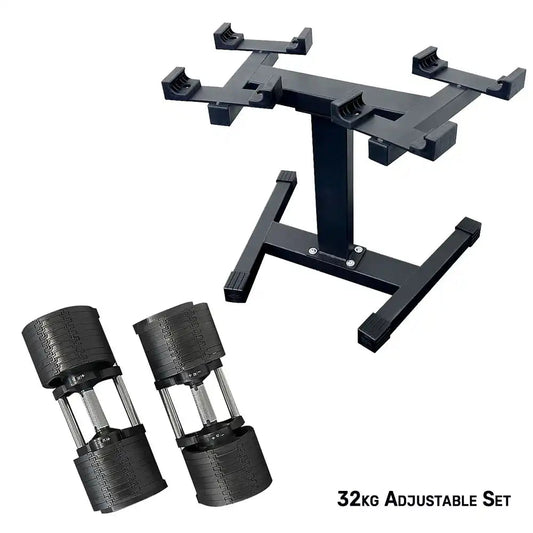 adjustable dumbbell set with stand for home strength training.