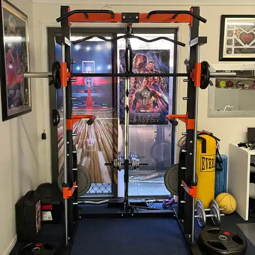 Power rack with barbell, plates, and accessories in a compact home gym setup in Australia.