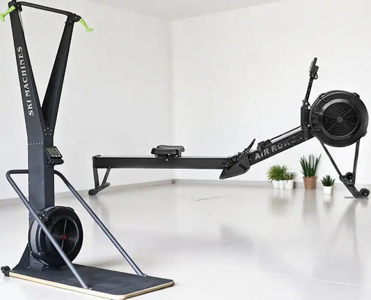 Rowing machine and ski trainer set up in a bright home gym for full-body cardio and endurance training.