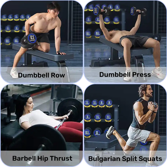 People performing various strength exercises including dumbbell row, dumbbell press, barbell hip thrust, and Bulgarian split squats in the gym