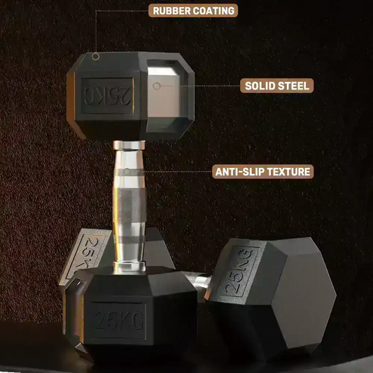 Pair of black rubber-coated hex dumbbells placed on a gym floor, ideal for home workouts and strength training