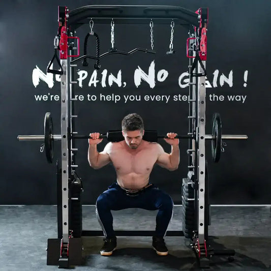 Man performing barbell squat in a power rack, highlighting the difference in a power rack vs Smith machine setup.