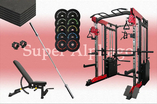 Home gym setup featuring a red cable machine and squat rack, adjustable bench, Olympic barbell, weight plates, dumbbells, and floor mats