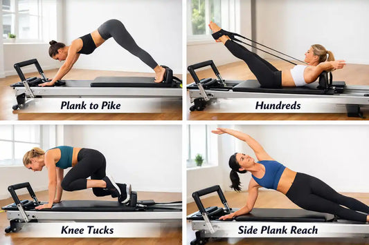 Four Pilates Reformer exercises with model on top