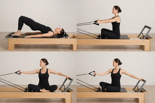 Woman demonstrating different exercises on a wooden pilates reformer, focusing on core strength, posture, and flexibility.