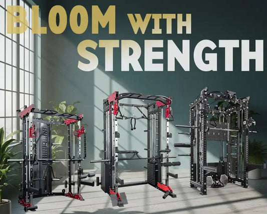 Home gym setup featuring multiple smith machines and cable racks with the text ‘Bloom with Strength’ in a bright workout space.