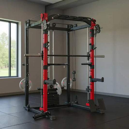 Compact power rack with cable system used as small home gym equipment for strength training.