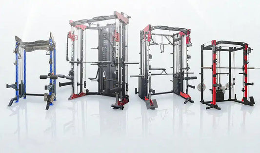 Smith machine vs squat rack comparison showing different gym equipment models in blue, black, and red designs for strength training.