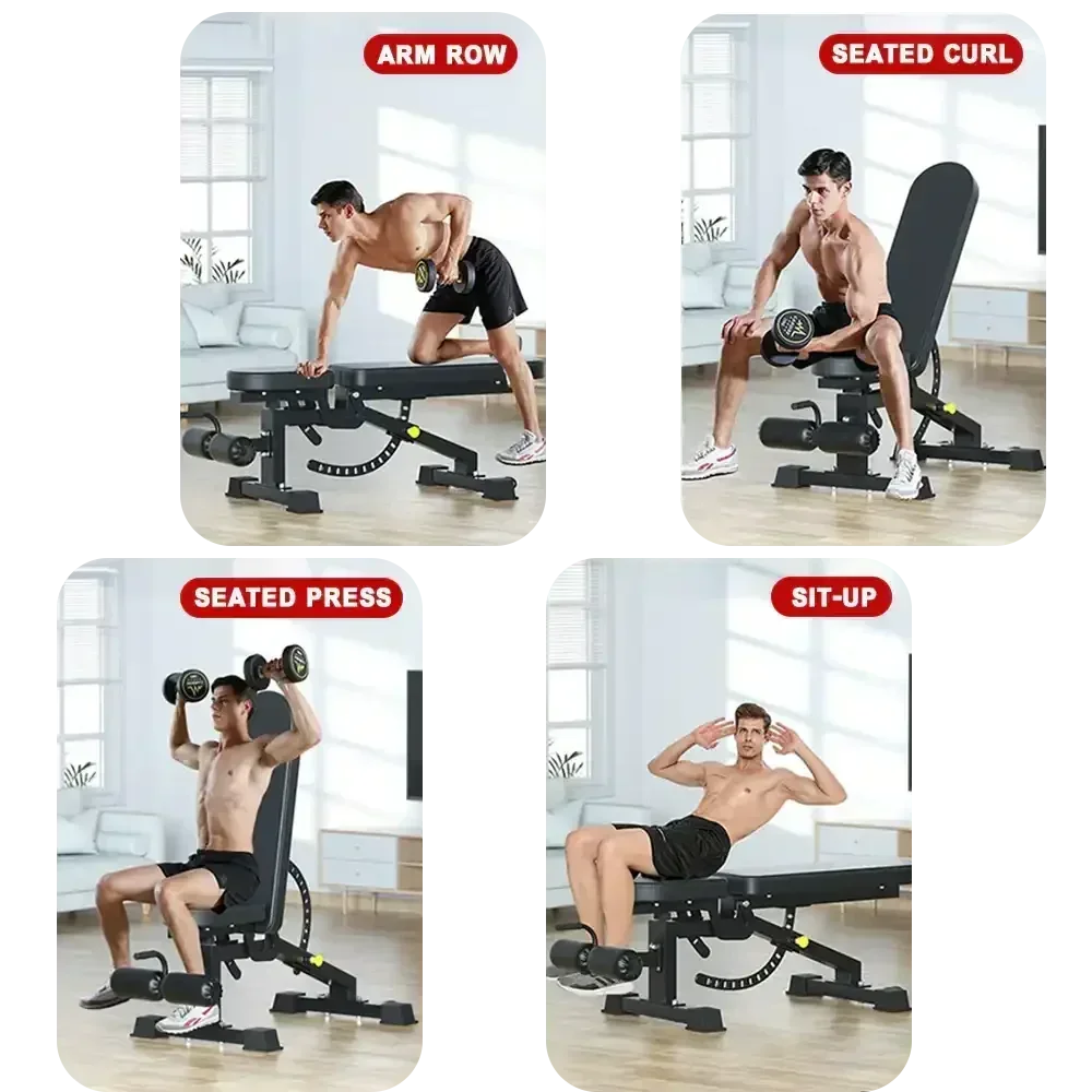 Man performing multiple dumbbell exercises on a bench as part of a dumbbell workout plan at home.