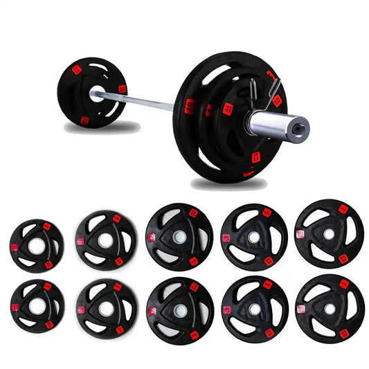 Barbell loaded with black weight plates, shown with multiple weight plates displayed below.