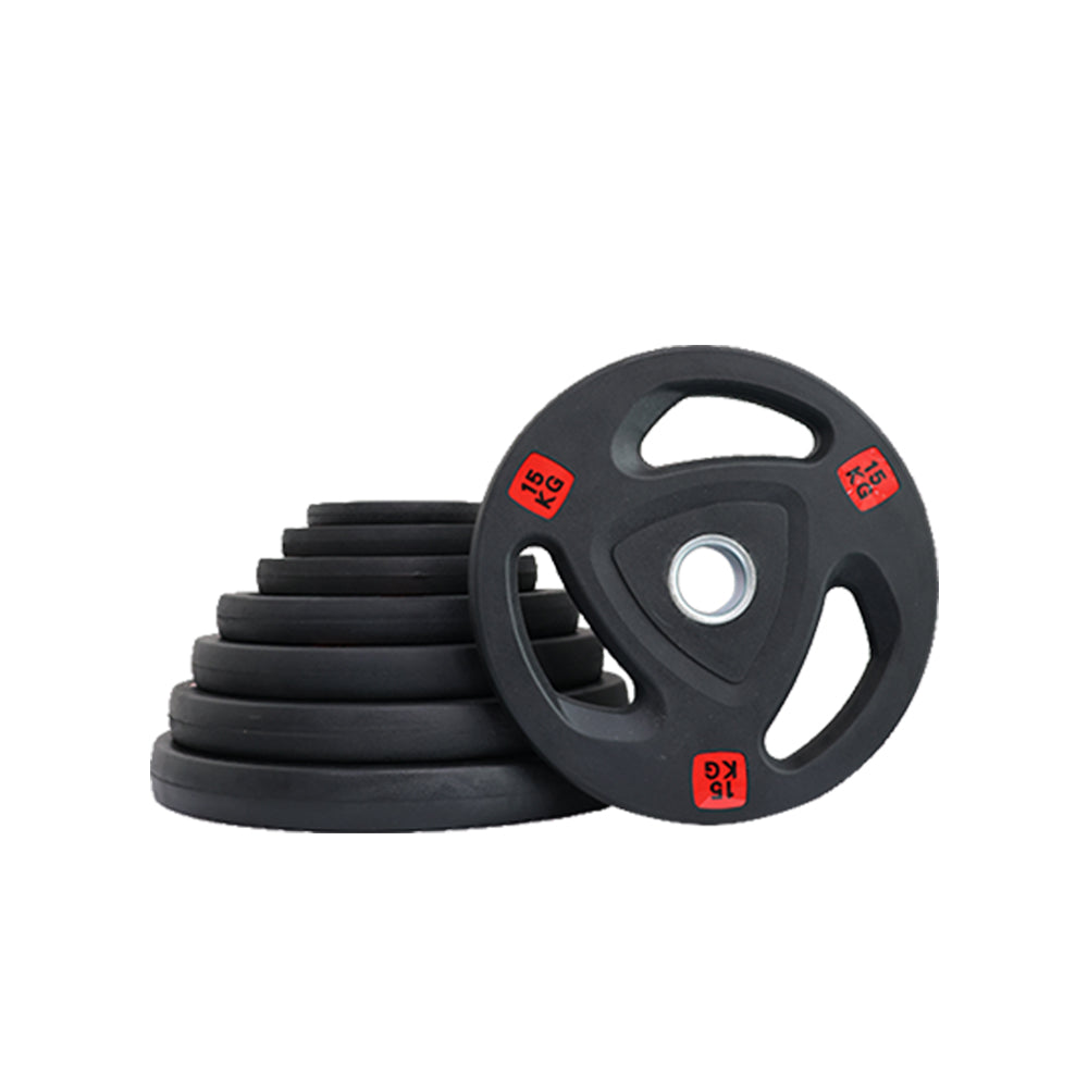 Set of black tri-grip weight plates with a 15kg weight plate on white background