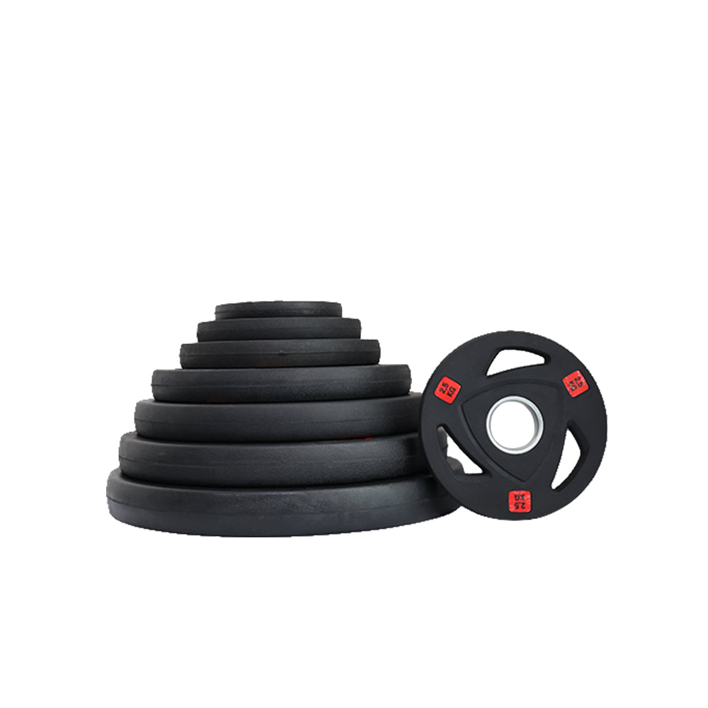 Set of black tri-grip weight plates with a 2.5kg weight plate on white background