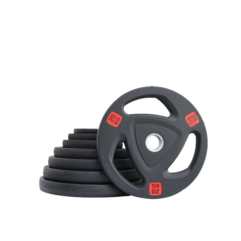 Set of black tri-grip weight plates with a 20kg weight plate on white background