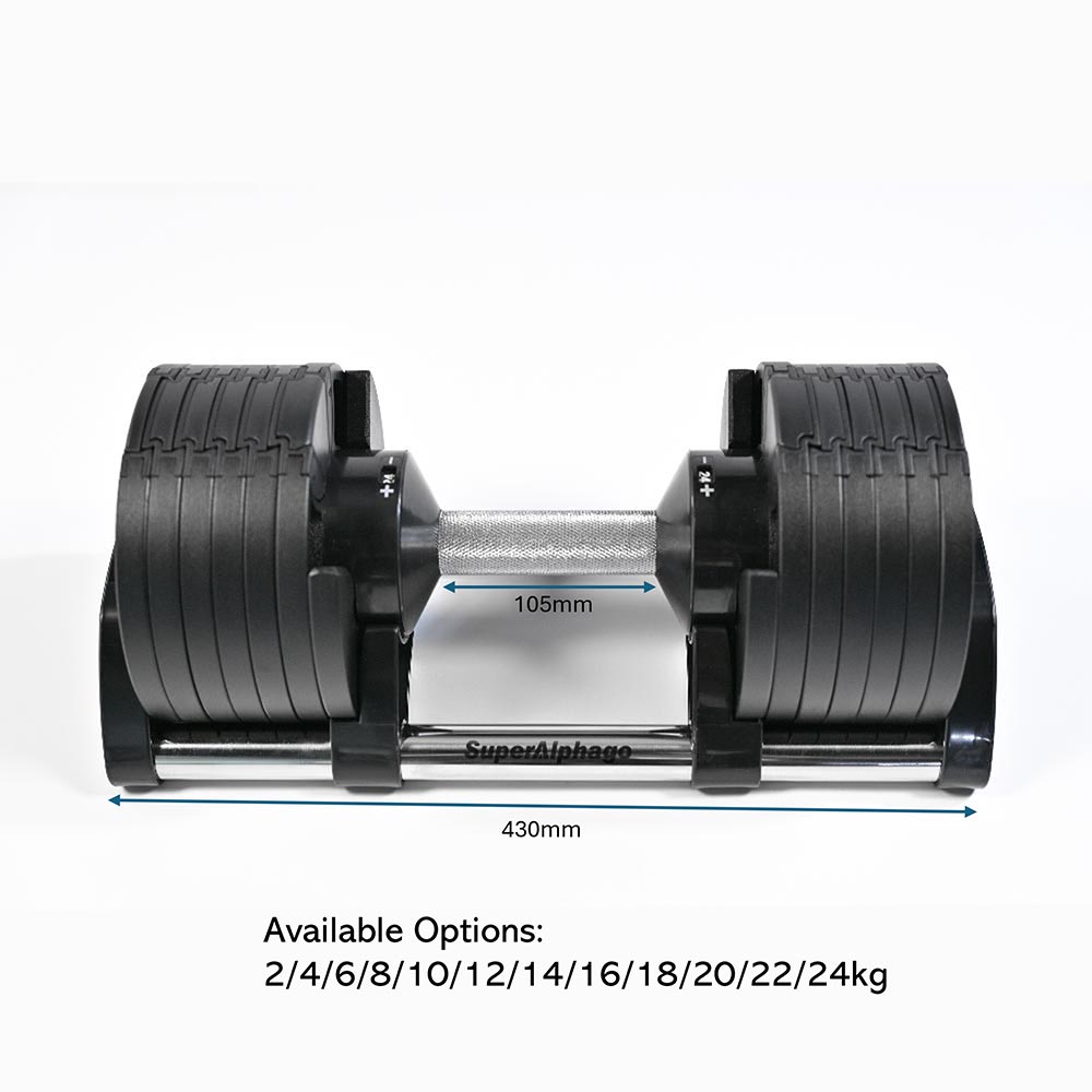 24kg adjustable dumbbells with measurement details on a white background