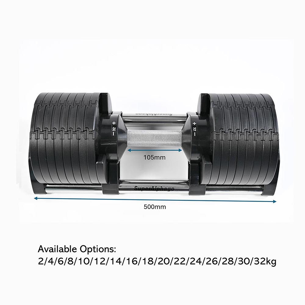 32kg adjustable Dumbbell with measurement details on a white background