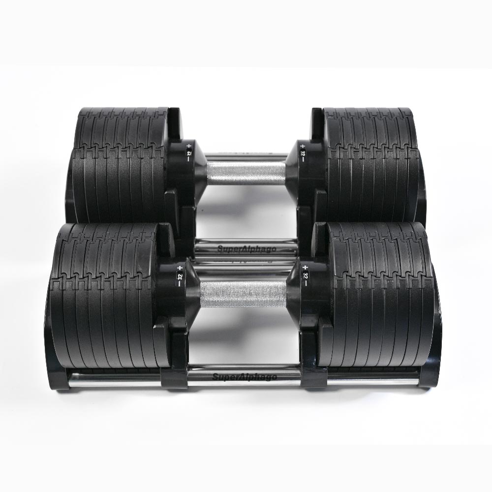 pair of 32kg adjustable dumbbell with superalphago on the rack