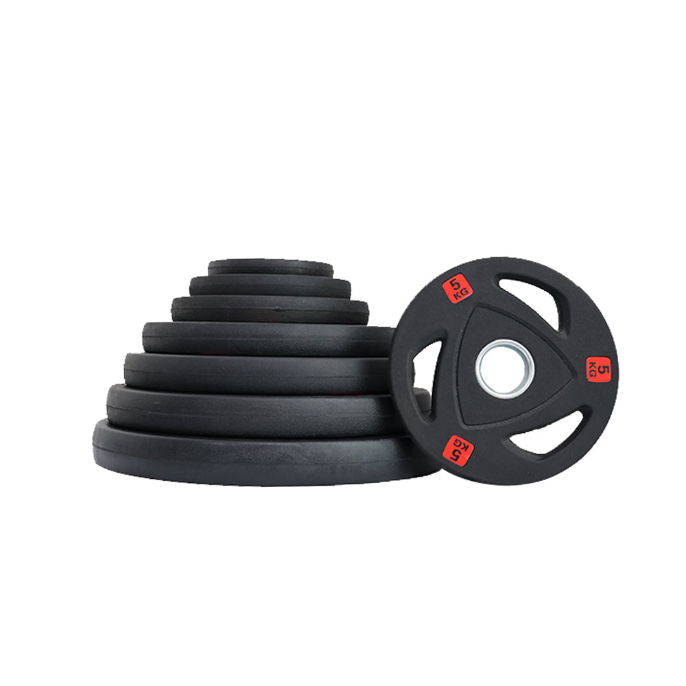 Set of black tri-grip weight plates with a 5kg weight plate on white background