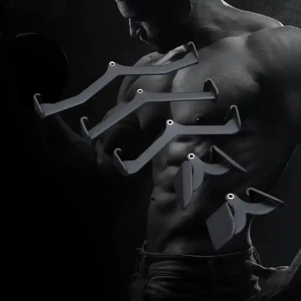 Set of five black metal gym cable attachments displayed over muscular shirtless man background