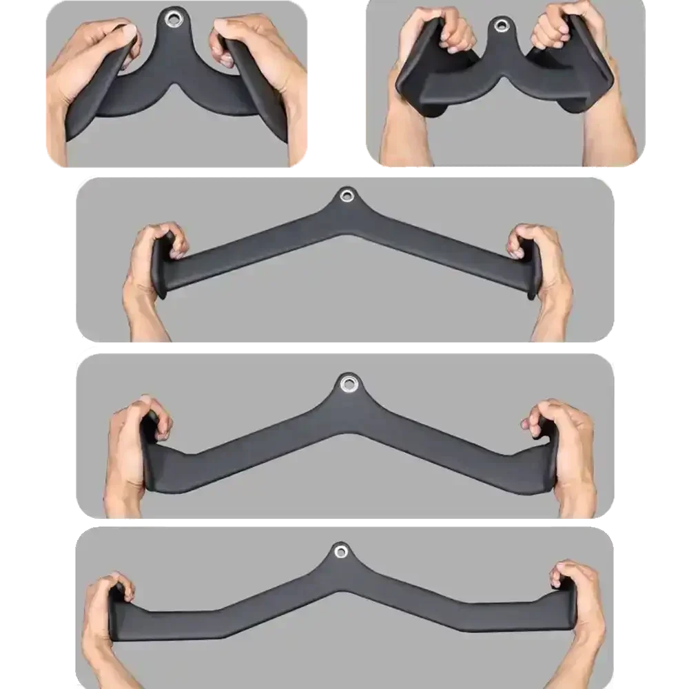 Hands demonstrating five different black metal gym cable machine attachment grips against gray background