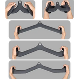 Hands demonstrating five different black metal gym cable machine attachment grips against gray background