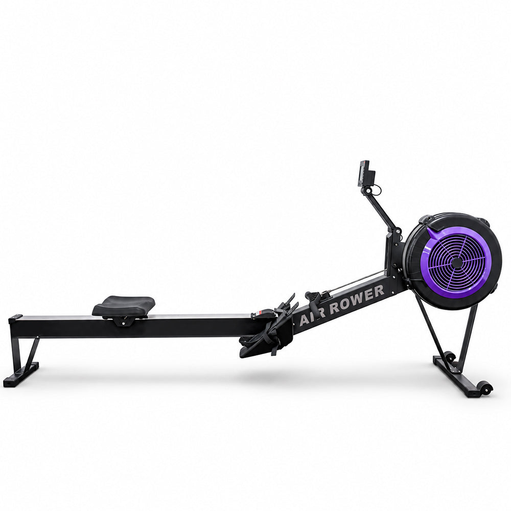A black air rower exercise machine with a purple-accented flywheel and white 'AIR ROWER' branding, shown from a side profile on a clean white background.