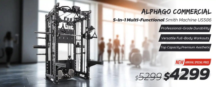 Commercial multi-functional smith machine with promotional text in a gym setting