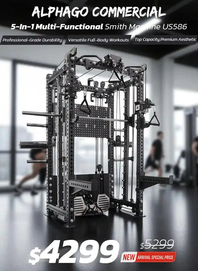 Multi-functional Smith machine with promotional text in a gym setting