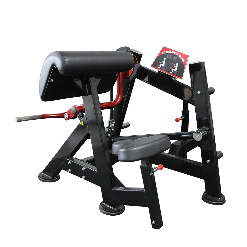 bicep curl machine with red handle bar on a white background