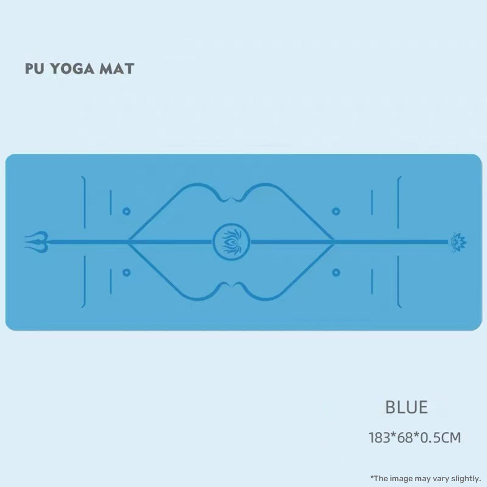 Blue yoga mat with a logo on a light blue background