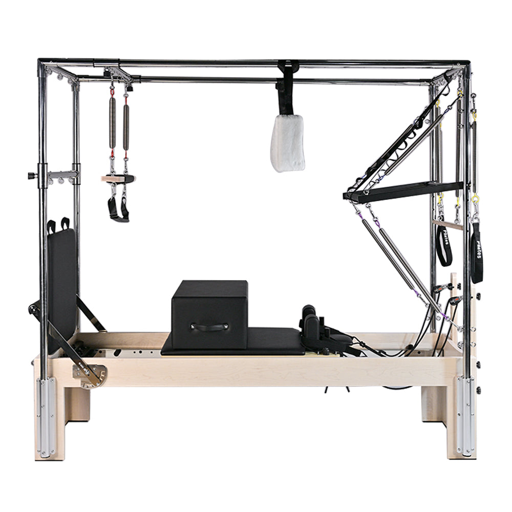 Pilates reformer machine on a white background
