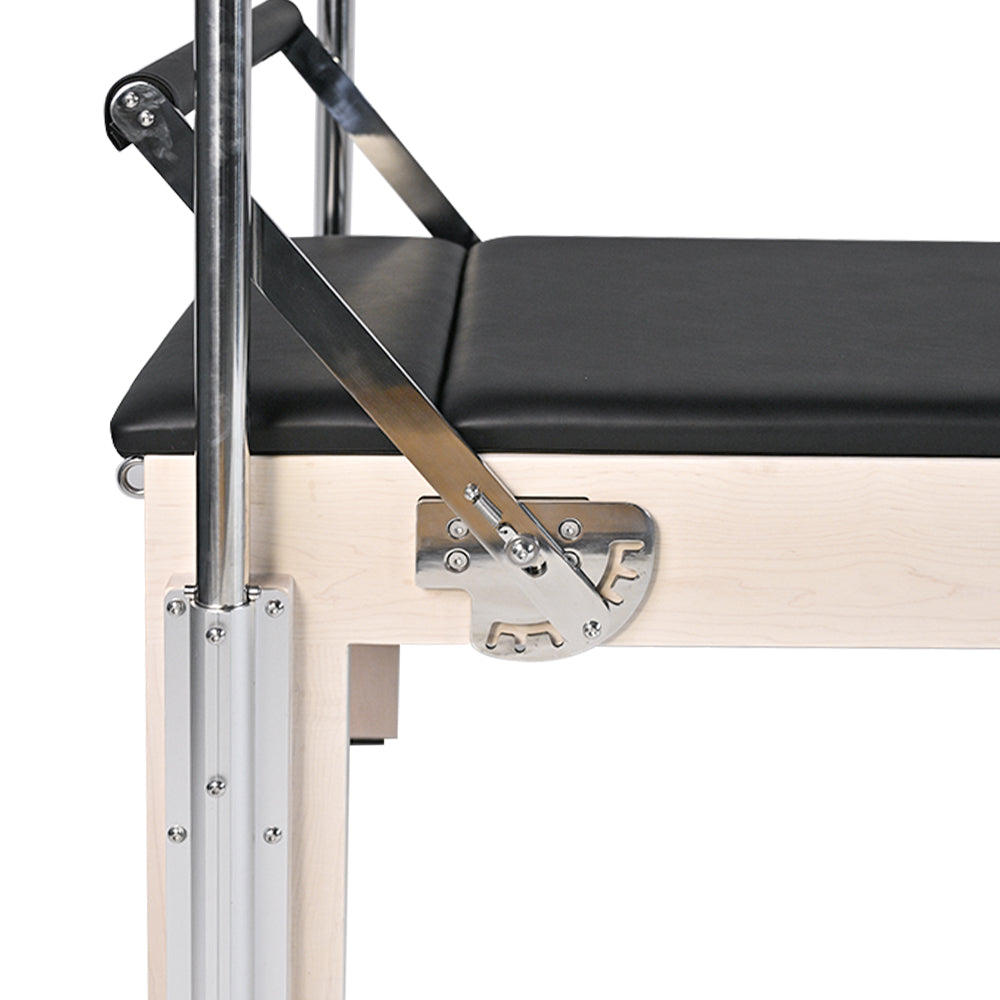 Close-up of the adjustable foot bar on Pilates reformer PL-600 Pro