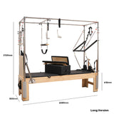 Pilates reformer machine with dimensions labeled on a white background