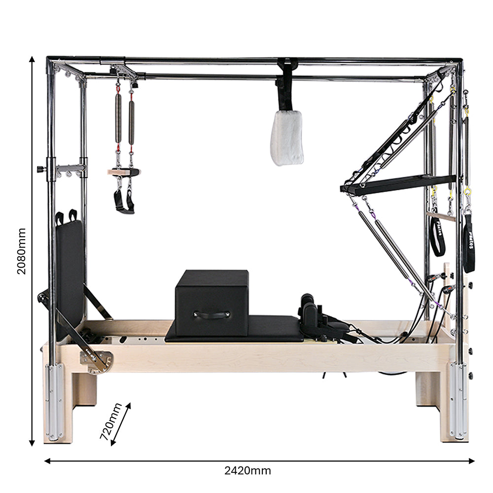 Pilates reformer machine with dimensions indicated on a white background