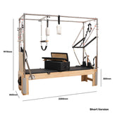 Pilates reformer machine with attachments and dimensions labeled on a white background