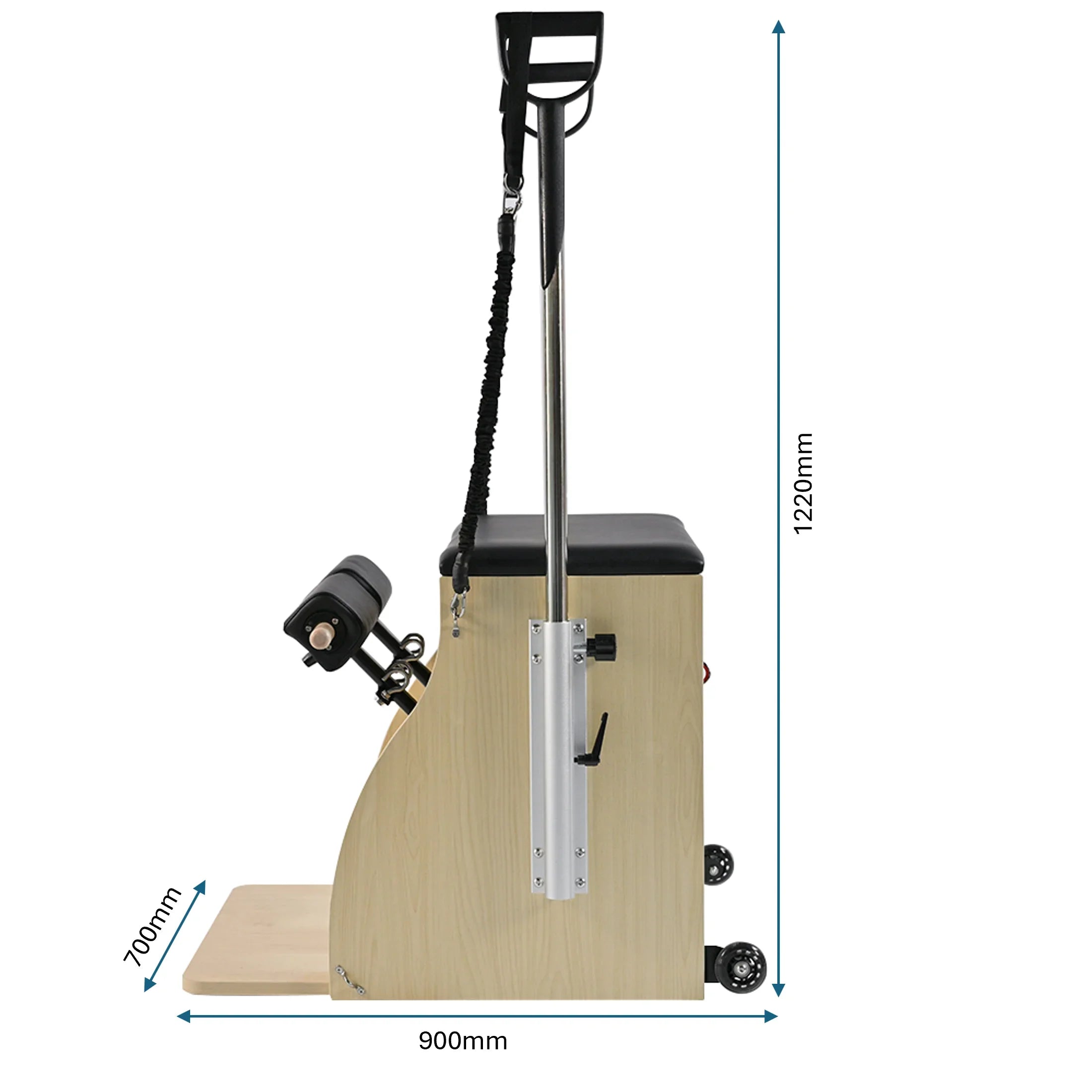 Pilates Wunda Chair DR-33 Pro with dimensions indicated on a white background