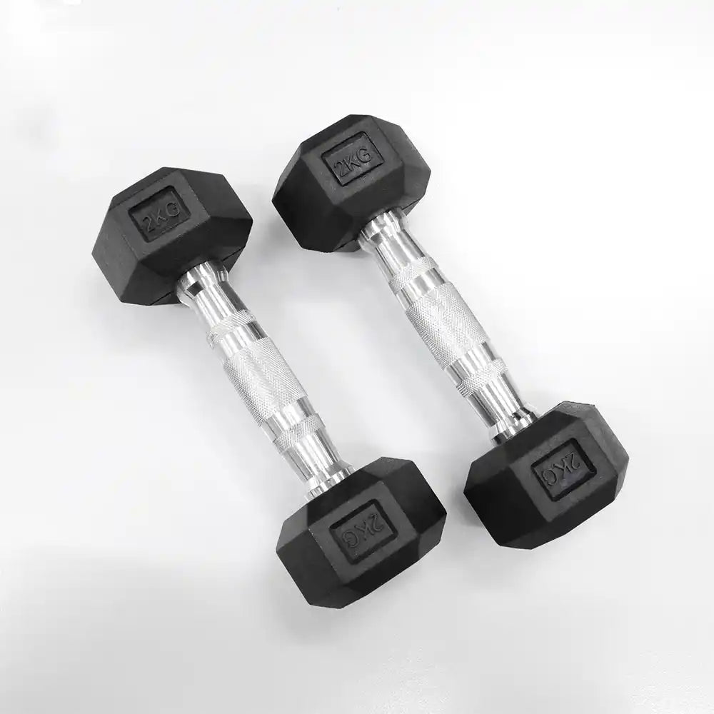 Pair of 2 kg hexagonal dumbbells on a white background