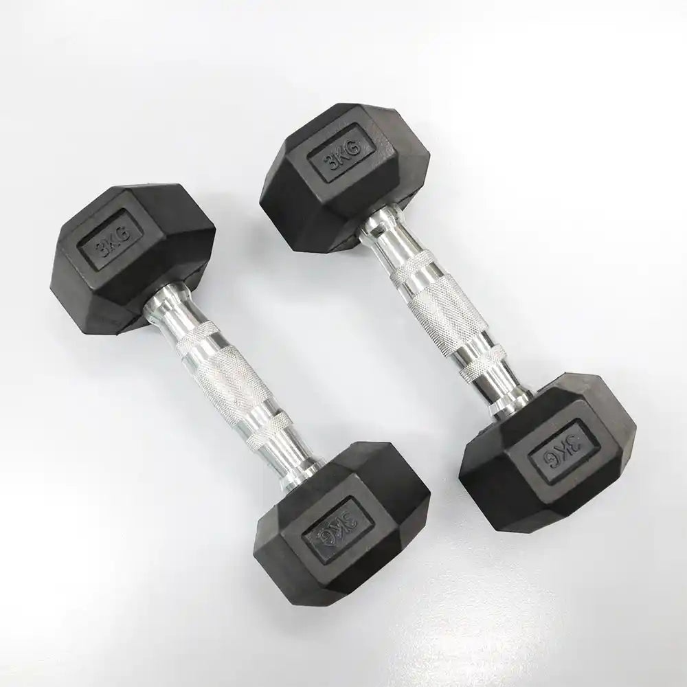 Pair of 3 kg black hexagonal dumbbells on a white background