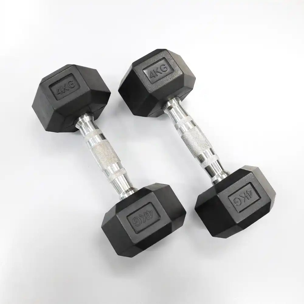Pair of 4 kg black hexagonal dumbbells on a white background