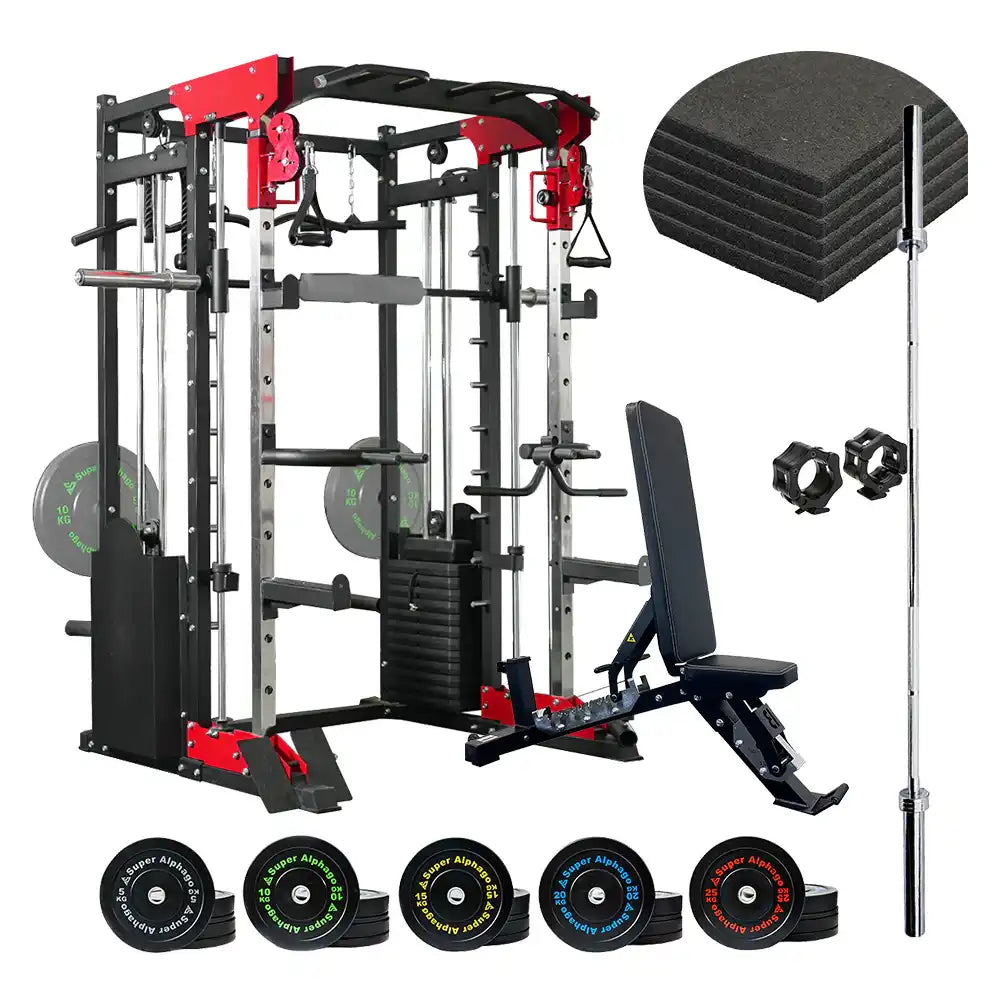 Smith Machine JL006 + 150kg Bumper Plate + 2.2m Bar + Bench + 6pcs*Gym