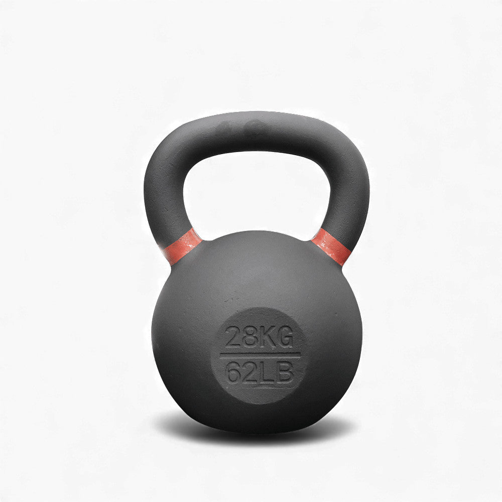 Black kettlebell with '28KG 62LB' marking on a white background