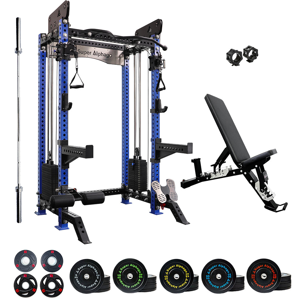 squat rack bundle with cable, 160 weight stack, weight plates and bench