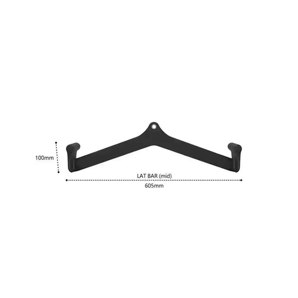 Black mid-width lat bar for gym cable machines with 605mm length and 100mm grip height