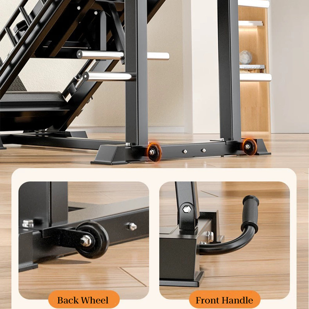 leg press and hack squat machine with wheels and handle