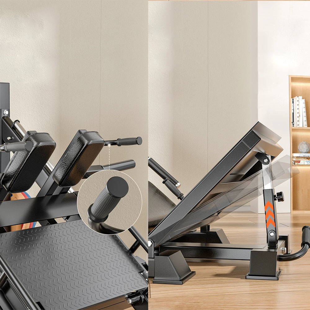 Leg press and hack squt machine with a close-up of a handle on a wooden floor.