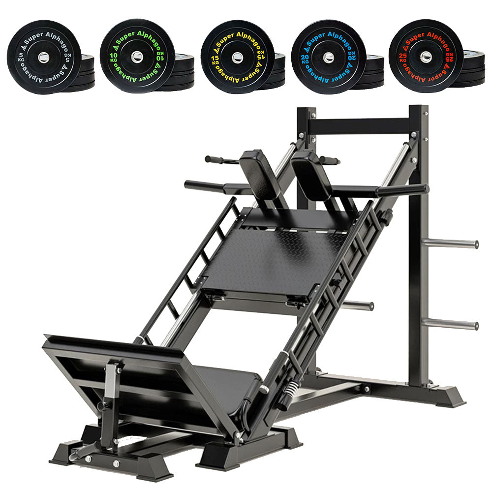 leg press machine with bumper plates on a white background