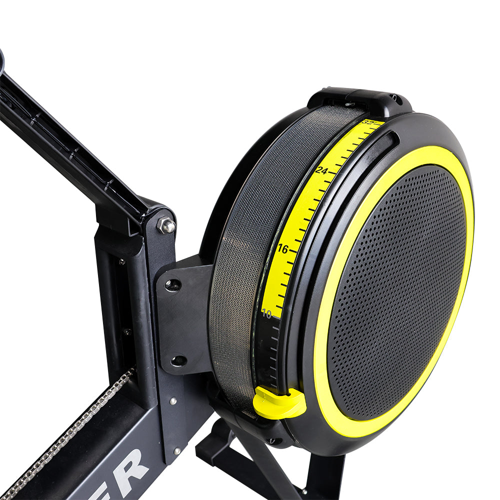 Close-up of a magnetic air rowing machine's resistance dial